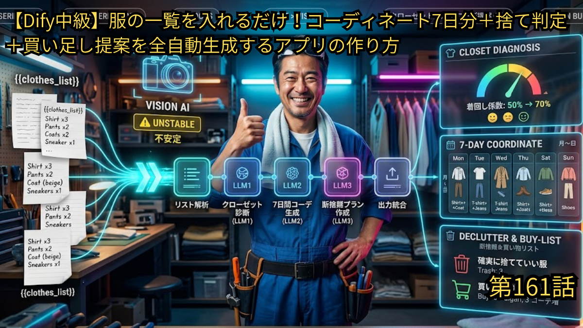 alt="【Dify中級】服の一覧を入れるだけで7日分コーデ・捨て判定・買い足し提案を全自動生成するアプリの作り方を解説したブログ記事のアイキャッチ画像（第161話）"