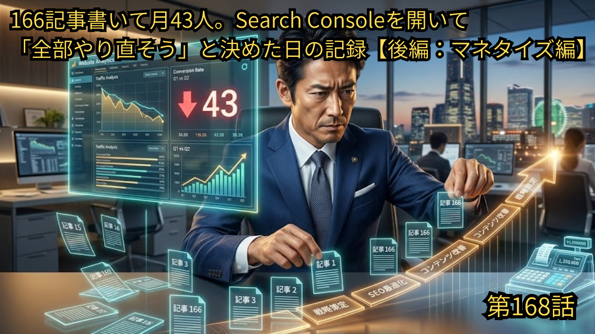 alt="166記事書いて月43人。Search
