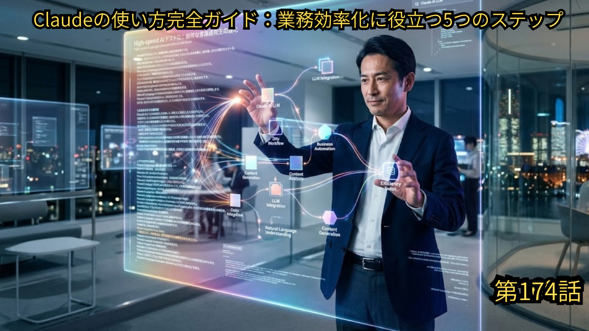 Claudeの使い方完全ガイド：業務効率化に役立つ5つのステップ。第175話のアイキャッチ画像。「High-speed AI テストにおける有用な言語モデルの選択」として、タスクの明確化、Claude 3モデル群（Opus, Sonnet, Haiku）の特徴把握、API連携による自動化設計、コンテンツ生成・分析への適用、自然言語理解とビジネス自動化の統合、評価指標と継続的な最適化（Efficieotey Indexes）の6つのステップがフローチャートで解説されています。