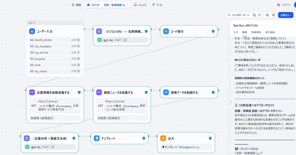 alt="Difyで構築した名刺認識・Jina AI連携による企業情報・ニュース自動収集および営業提案文生成AIアプリのワークフロー画面"