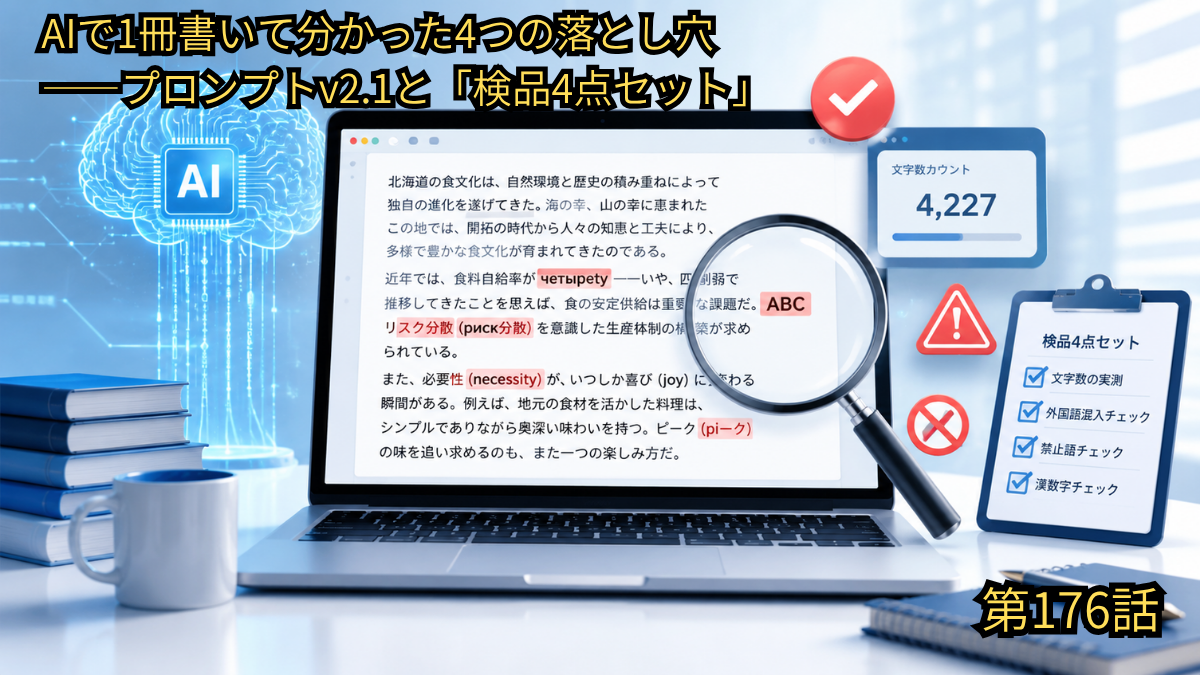 AIで1冊執筆した際に判明した4つの落とし穴と、それらを回避するためのプロンプトv2.1および「検品4点セット」を解説するイメージ図。中央のノートパソコン画面には拡大鏡で文章内の誤字や外国語混入などのエラーをチェックしている様子が描かれ、右側には「文字数の実測」「外国語混入チェック」「禁止語チェック」「漢数字チェック」のチェックリストが記載されたバインダーが配置されています。上部には「AIで1冊書いて分かった4つの落とし穴――プロンプトv2.1と『検品4点セット』」、右下には「第176話」というブログタイトルおよび章数が描かれています。