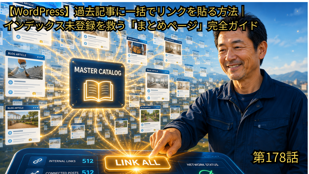 作業着を着た笑顔の男性がデジタルパネルの「LINK ALL」ボタンを押し、無数のブログ記事が光の線で「MASTER CATALOG（まとめページ）」に一斉に繋がる様子を描いた、「【WordPress】過去記事に一括でリンクを貼る方法｜インデックス未登録を救う『まとめページ』完全ガイド」のアイキャッチ画像。