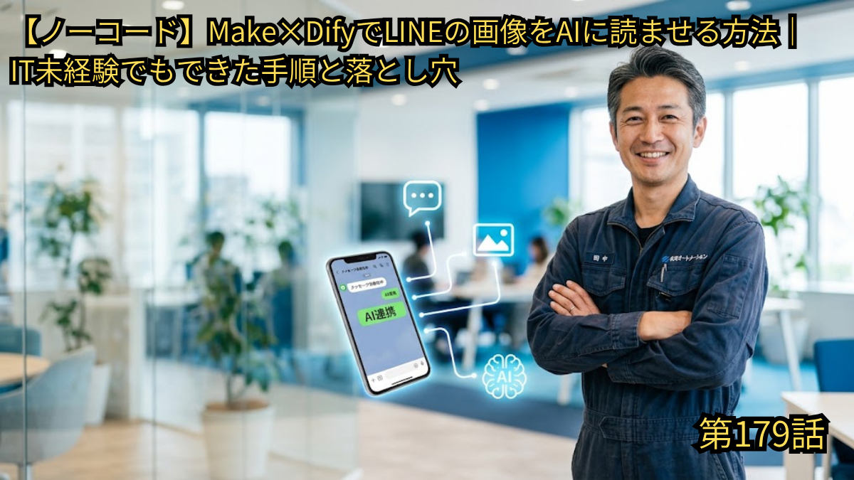 作業着姿の男性と、LINEのチャット画面・AIアイコン・接続線が描かれた、Make×DifyでLINEの画像をAIに読ませる方法の解説記事アイキャッチ