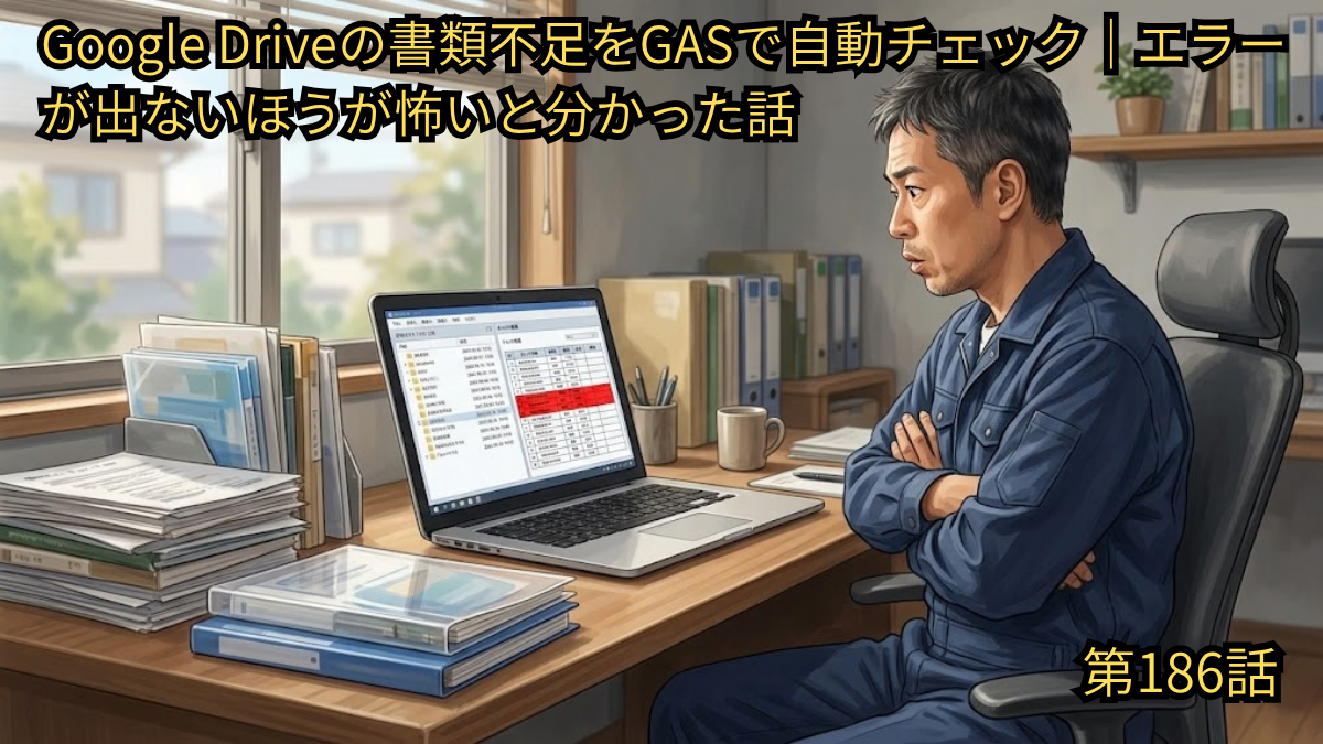 作業着姿の男性が、書類の一覧と赤く色付けされたチェック結果が表示されたノートパソコンの画面を、腕を組んで見つめている。机の上には書類の束が積まれている。