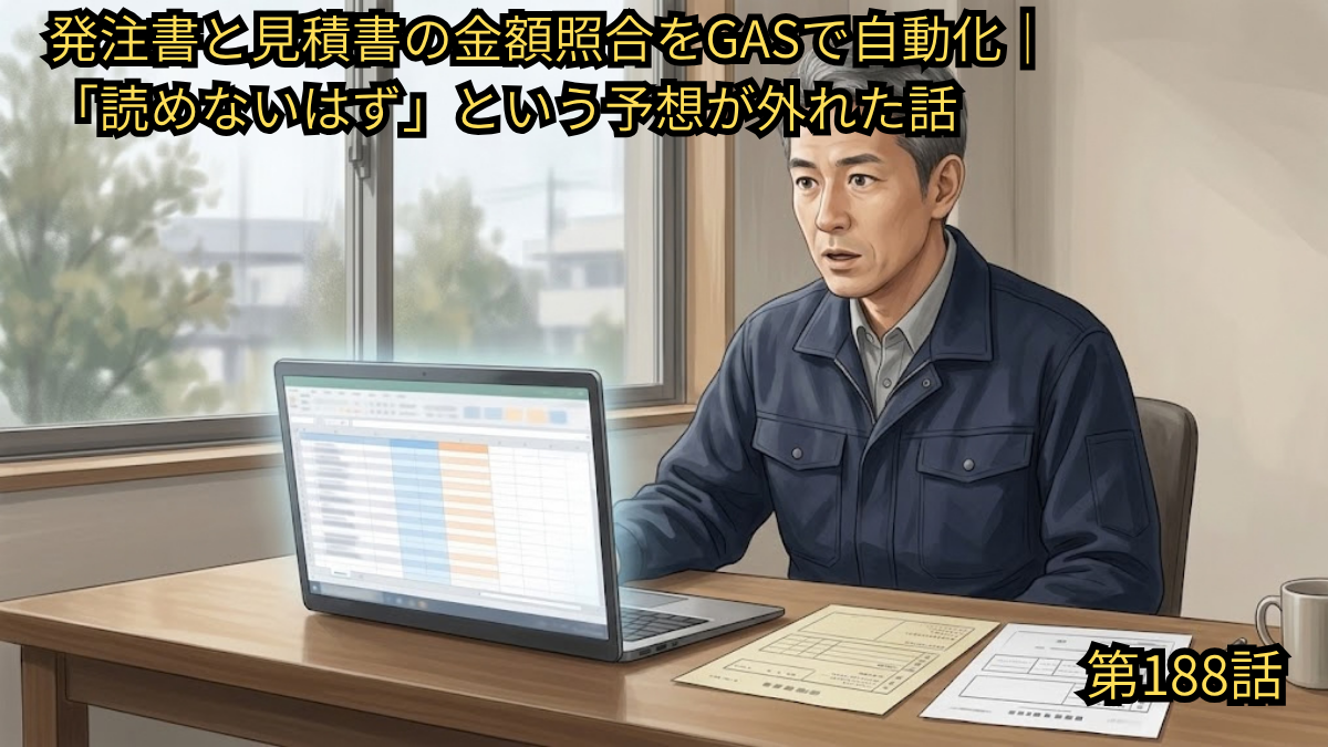 「発注書と見積書の金額照合をGASで自動化｜『読めないはず』という予想が外れた話」「第188話」という文字と、作業着姿の男性が光るパソコンの画面（スプレッドシート）を見て驚いているイラストが描かれたアイキャッチ画像。机の上には紙の書類が置かれている。