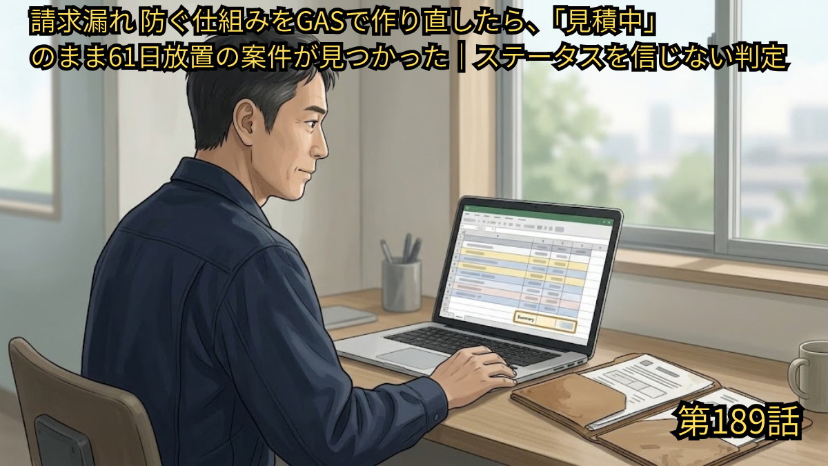 請求漏れ防ぐ仕組みをGASで作り直したら、『見積中』のまま61日放置の案件が見つかった｜ステータスを信じない判定」「第189話」という文字と、青い作業着の男性が真剣な表情でノートパソコンのスプレッドシートを確認しているアイキャッチ画像。