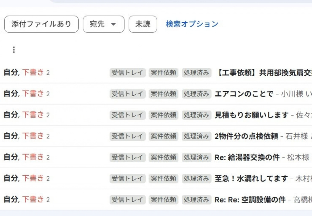 GASによる自動処理が完了したGmailの受信トレイ画面。お客様からの「水漏れ」や「見積もり」などの依頼メールに「案件依頼」「処理済み」のラベルが自動で付与され、AIが作成した返信文が「下書き」として各メールに準備されている様子。