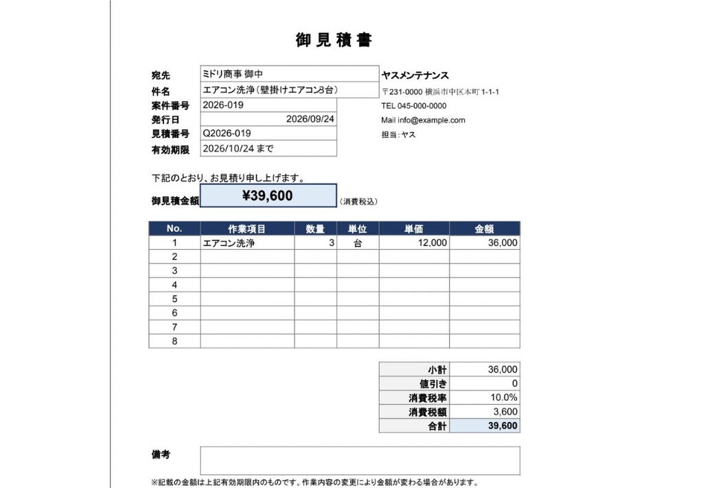 GASを利用して自動作成された「ヤスメンテナンス」の御見積書画像。「ミドリ商事 御中」宛の「エアコン洗浄（壁掛けエアコン3台）」の見積もりとして、数量や単価（12,000円）から合計金額（39,600円）まできれいに計算・出力されている様子。